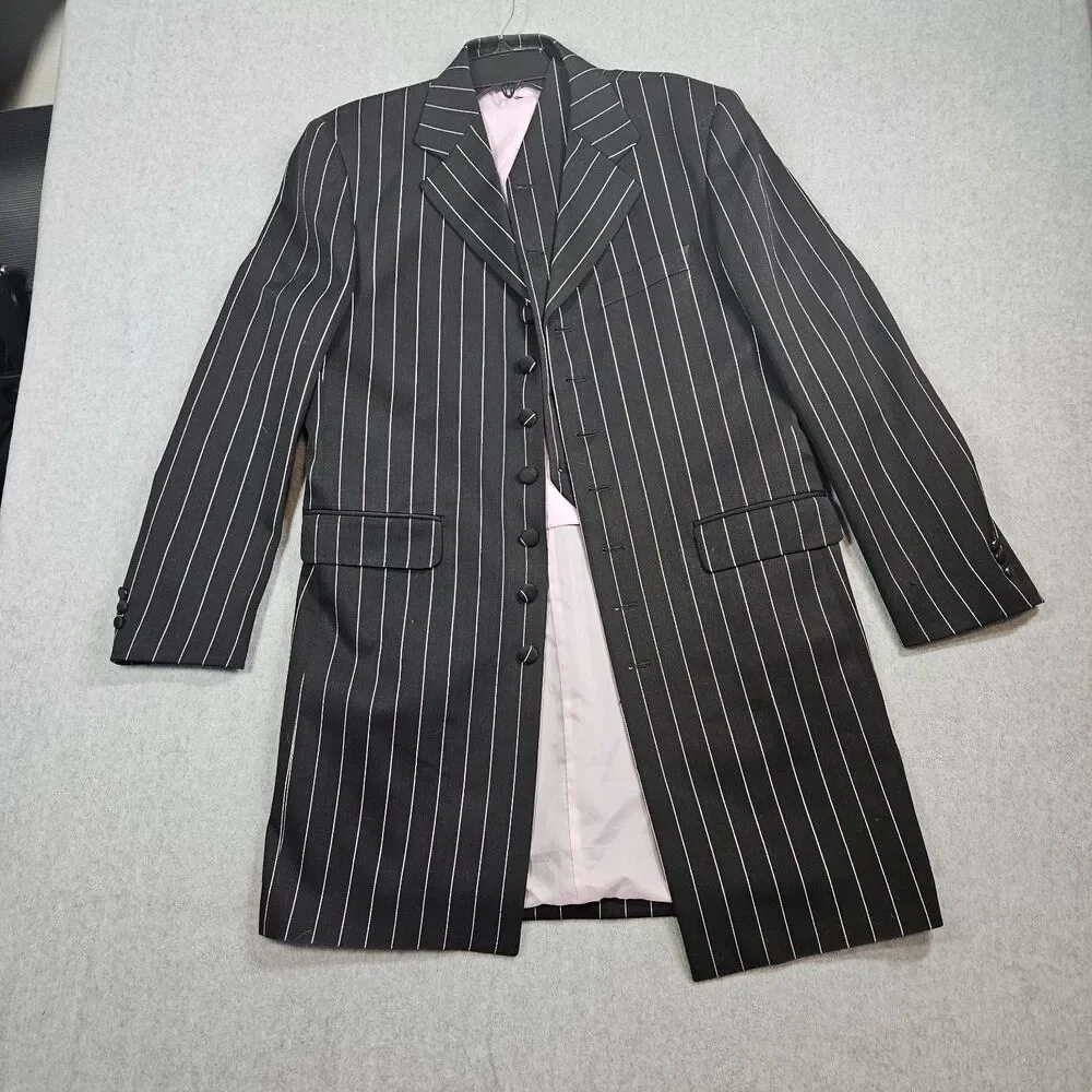 Den Zel Collection Men's Black Pink Pinstripe Lined Suit With Vest 40R Zoot